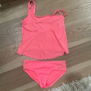 Bright orange striped swim suit